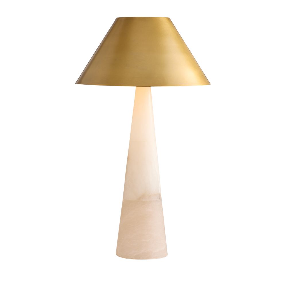 Table lamp with a gold shade and beige base on a white background