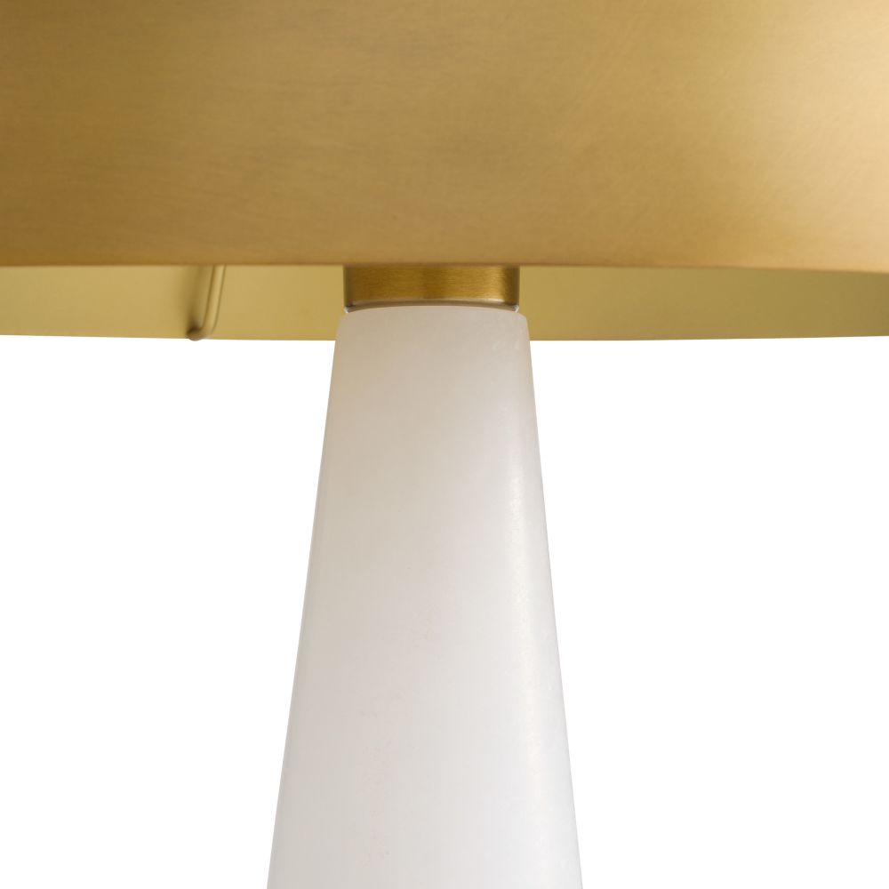 Close-up of a lamp with a gold shade and white base on a white background