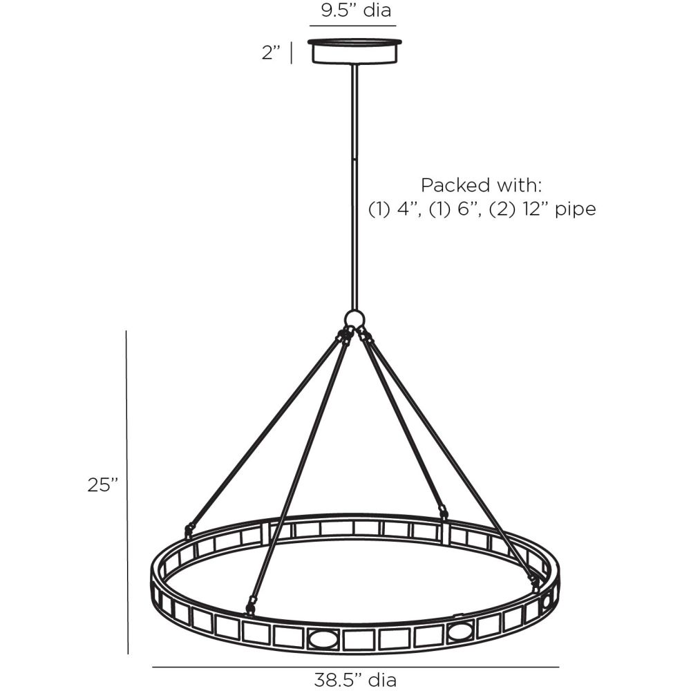 Diagram of a hanging metal ring with dimensions and pipe size information.