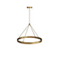 Gold circular pendant light on a white background
