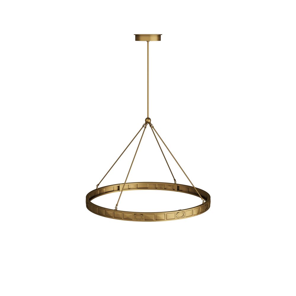 Gold circular pendant light on a white background