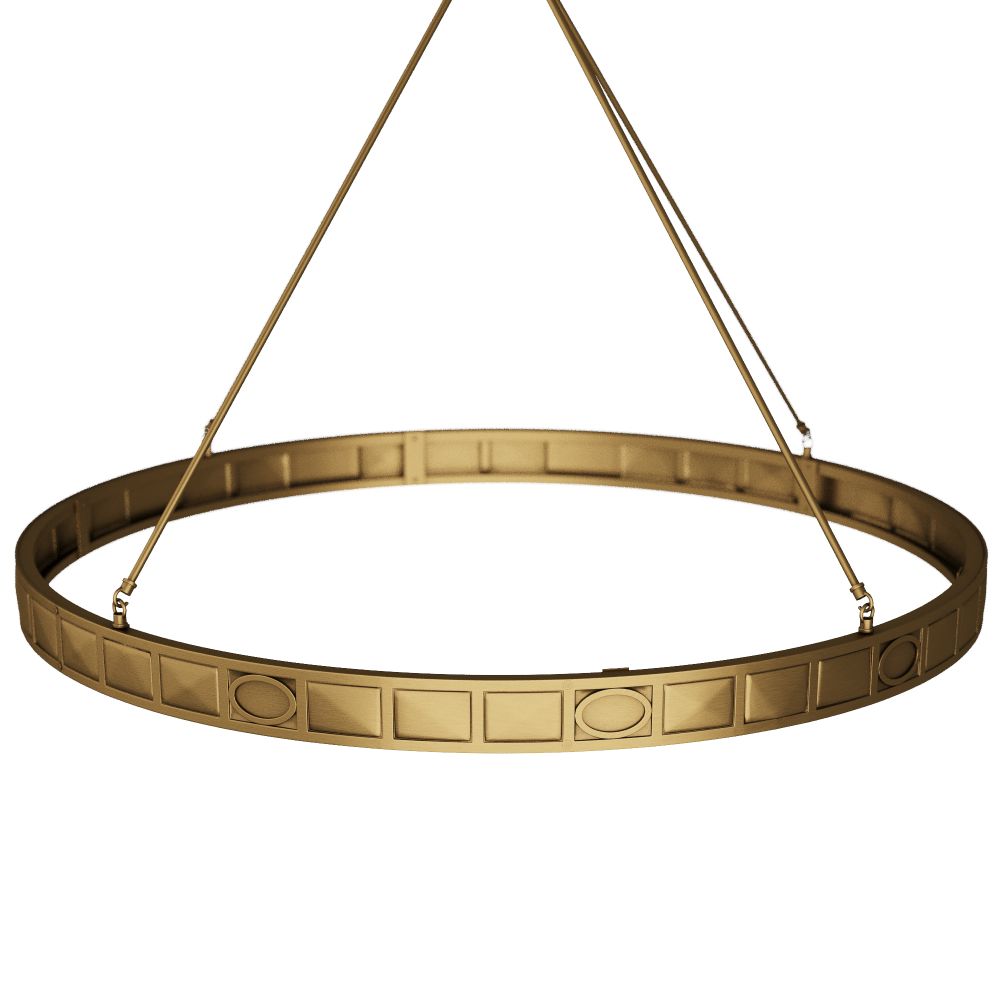 Gold circular metal ring with engraved patterns on a white background