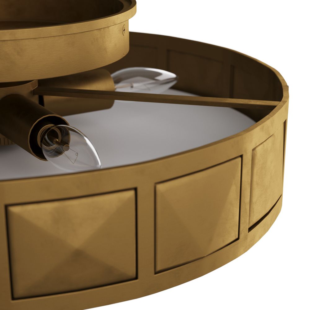 Gold circular light fixture with a white bulb inside on a white background