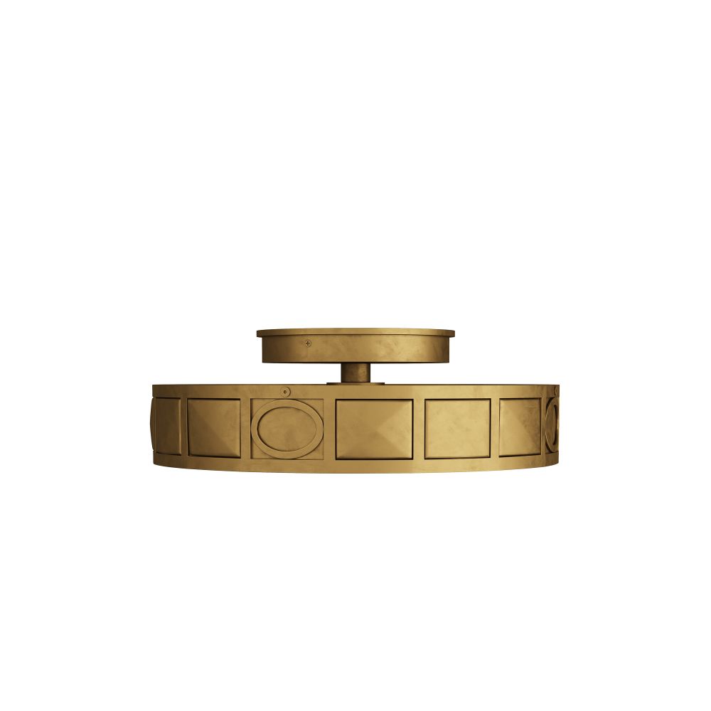 Gold circular decorative object with geometric patterns on a white background