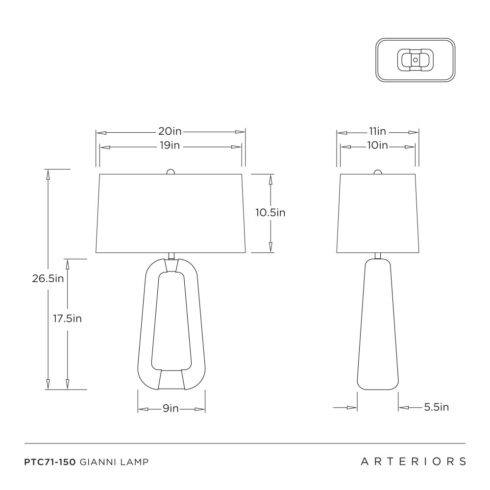 Technical drawing of a lamp with dimensions labeled