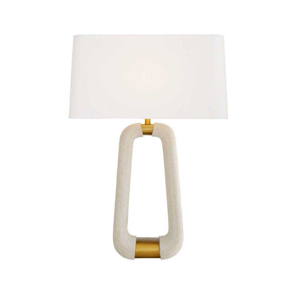 Table lamp with white shade and gold accents on a white background