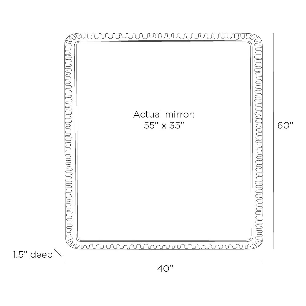 Measurement chart of a rectangular mirror with dimensions labeled.