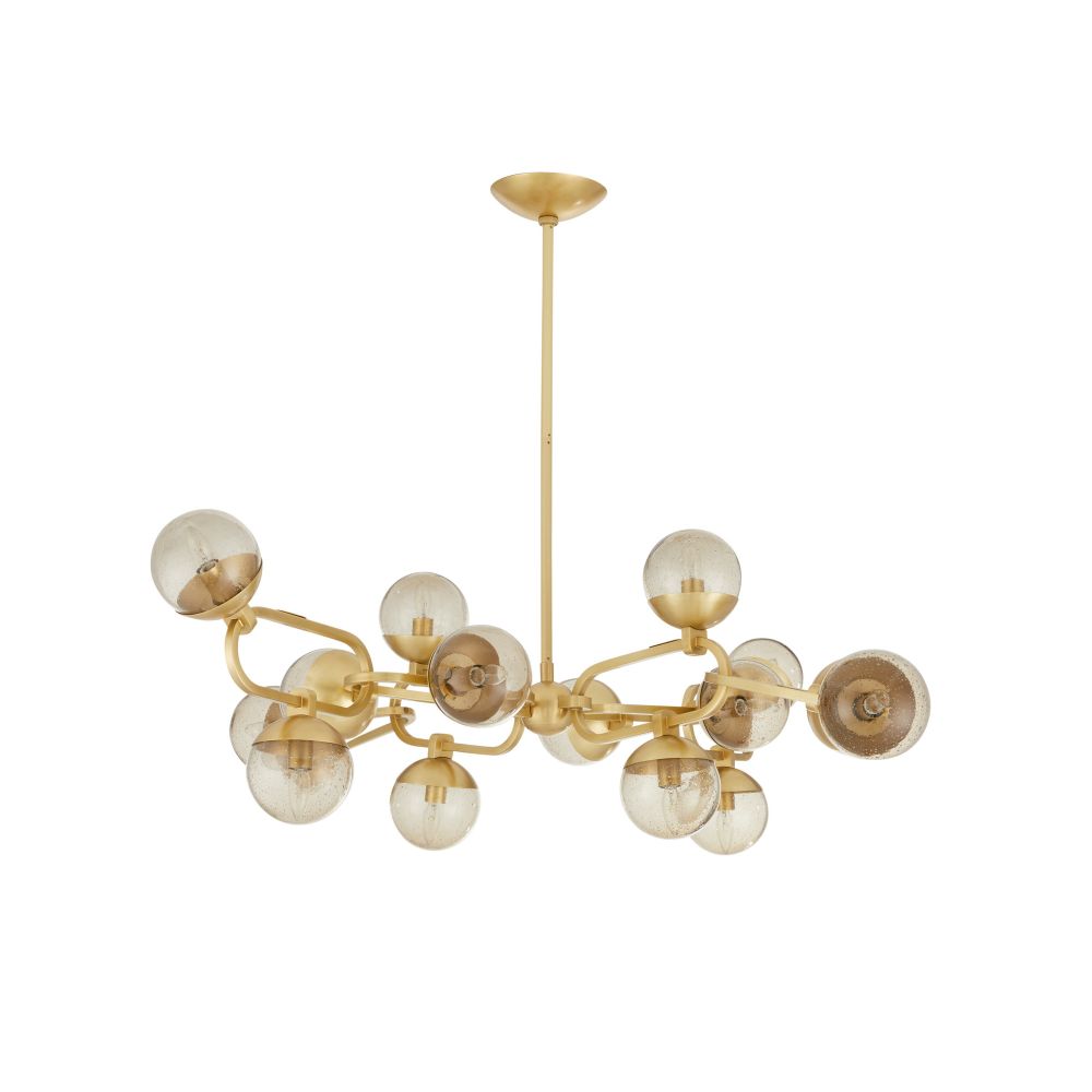 Gold chandelier with multiple spherical glass shades on a white background