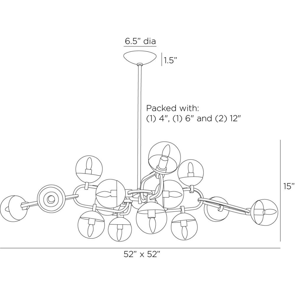 Technical drawing of a chandelier with dimensions and packaging details.