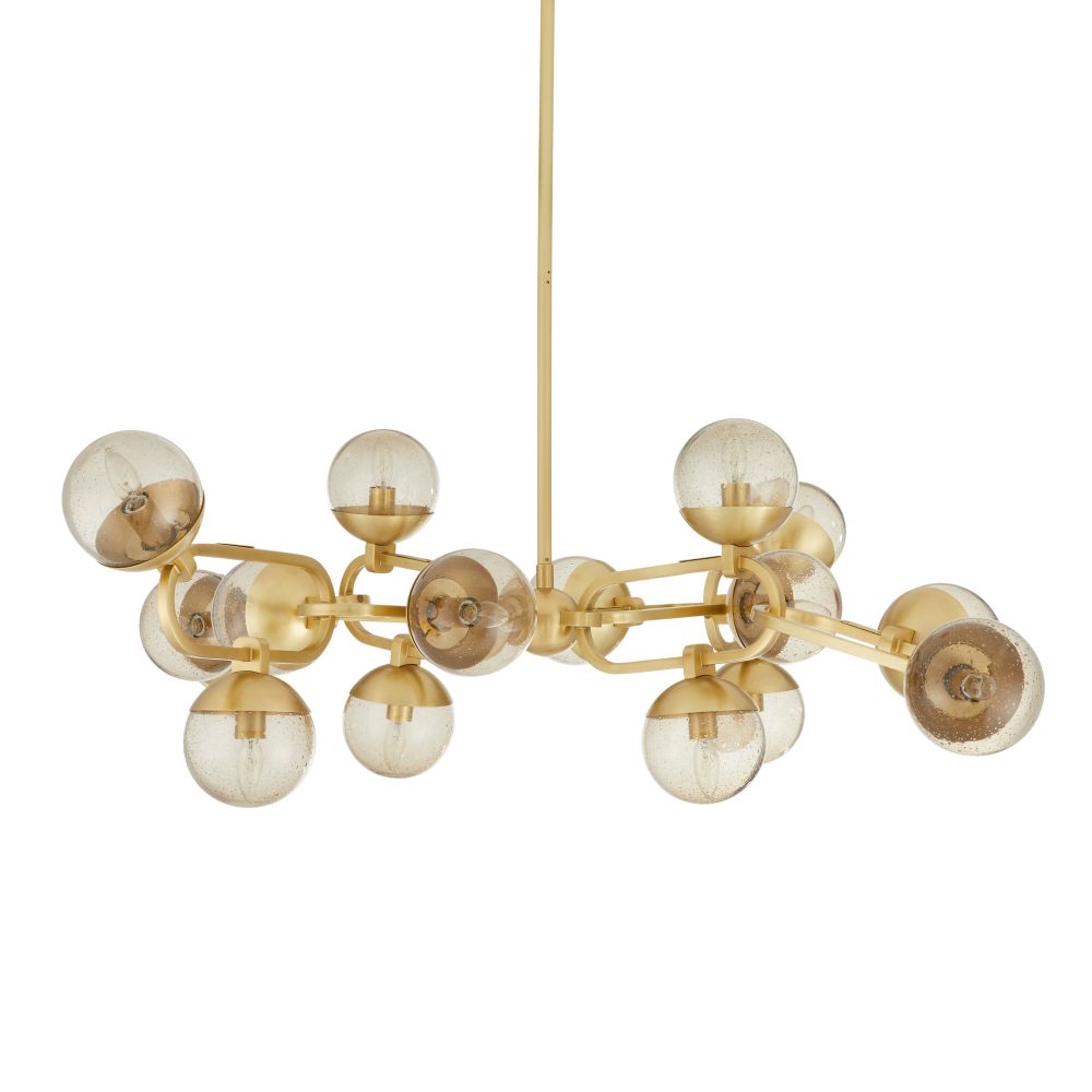 Gold chandelier with multiple spherical bulbs on a white background