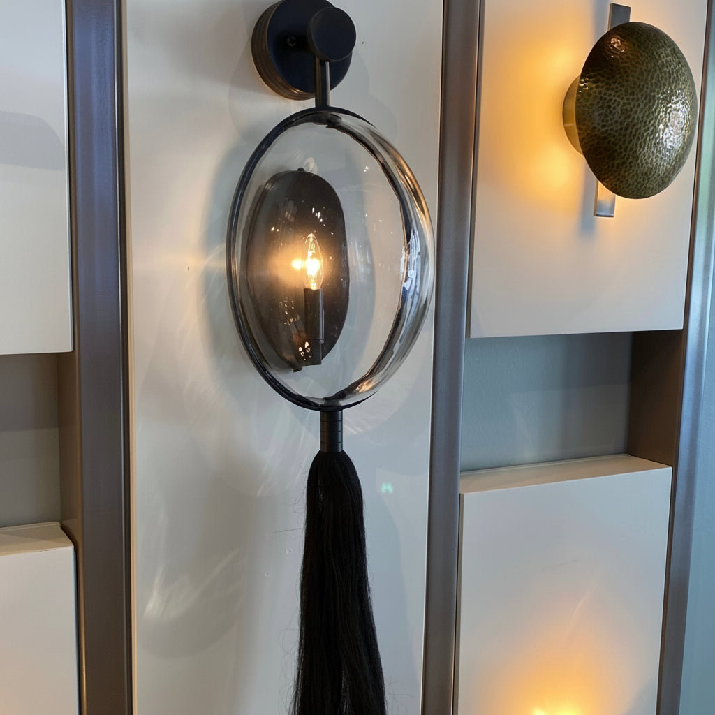 Wall sconces with glass shades and black accents on a wall.