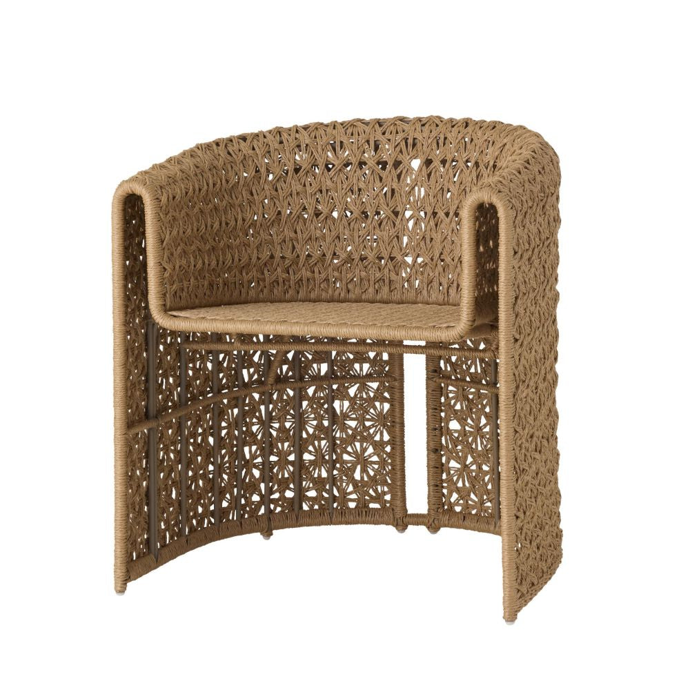 Woven chair with a geometric pattern on a white background