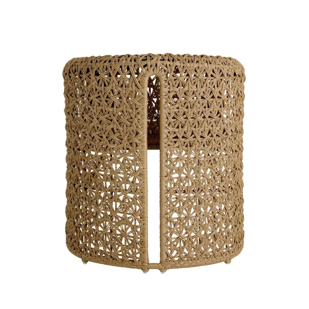 Woven cylindrical stool on a white background