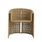 Woven chair with a geometric pattern on a white background