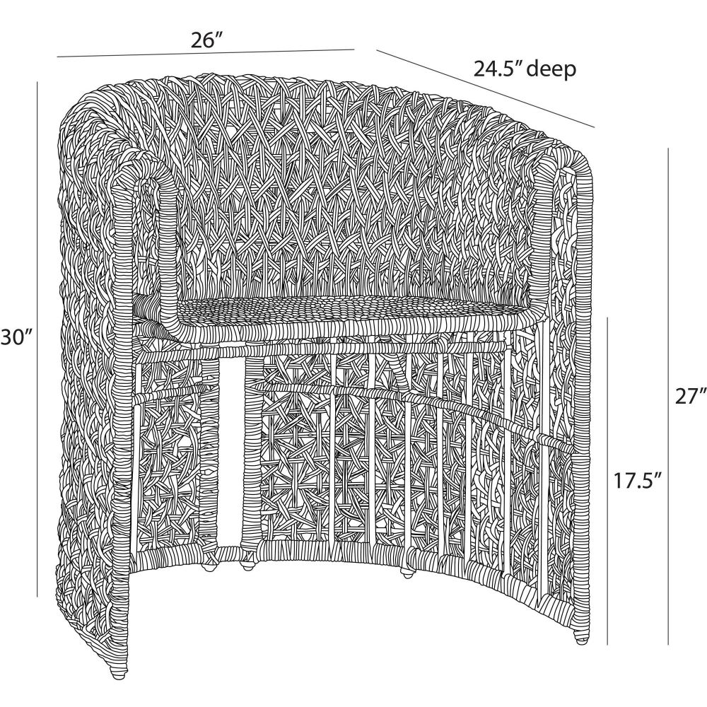 Wicker chair with dimensions labeled on a white background