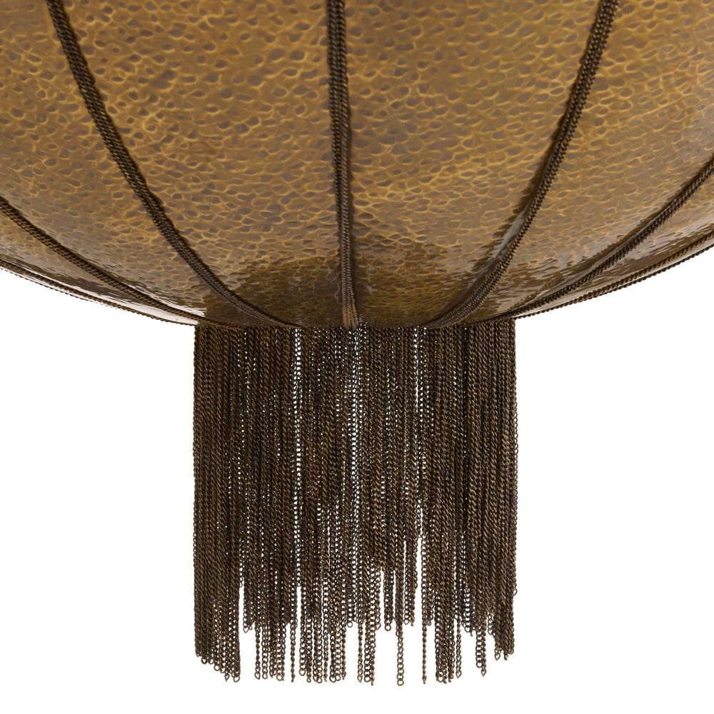 Decorative lamp with a textured shade and hanging chains on a white background