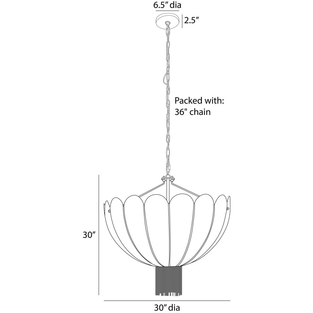 Diagram of a hanging light fixture with dimensions labeled