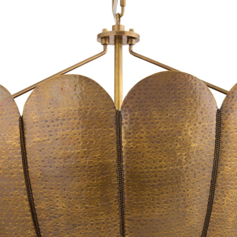 Close-up of a bronze chandelier with textured lampshades on a white background