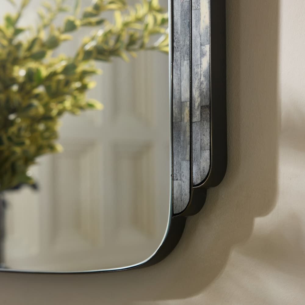 Rectangular mirror with black frame on a textured wall with a plant reflection.