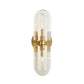 Wall-mounted light fixture with gold accents and clear glass on a white background