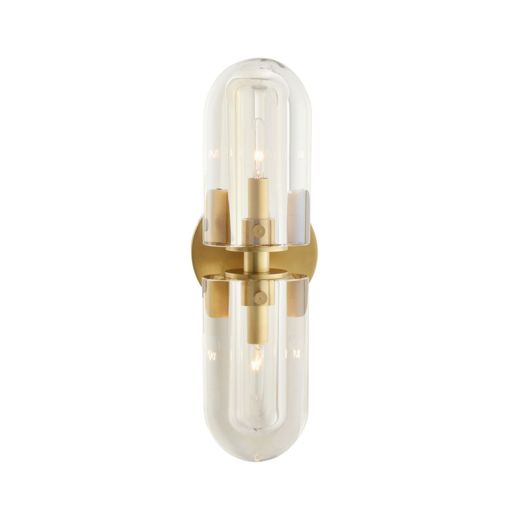 Wall-mounted light fixture with gold accents and clear glass on a white background