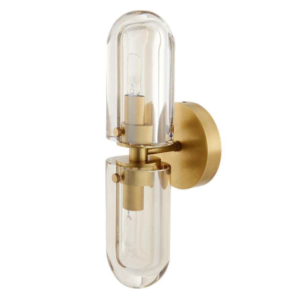 Gold wall sconce with clear glass on a white background