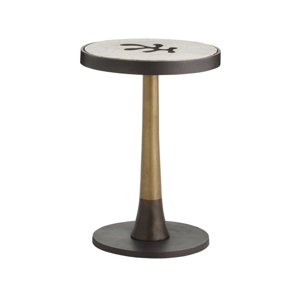 Small round table with a bronze base and white top on a white background