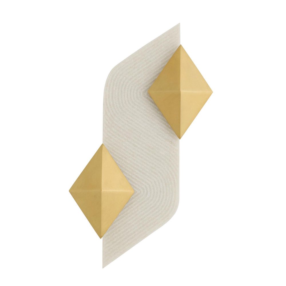 Geometric wall sconce with gold and white shapes on a white background