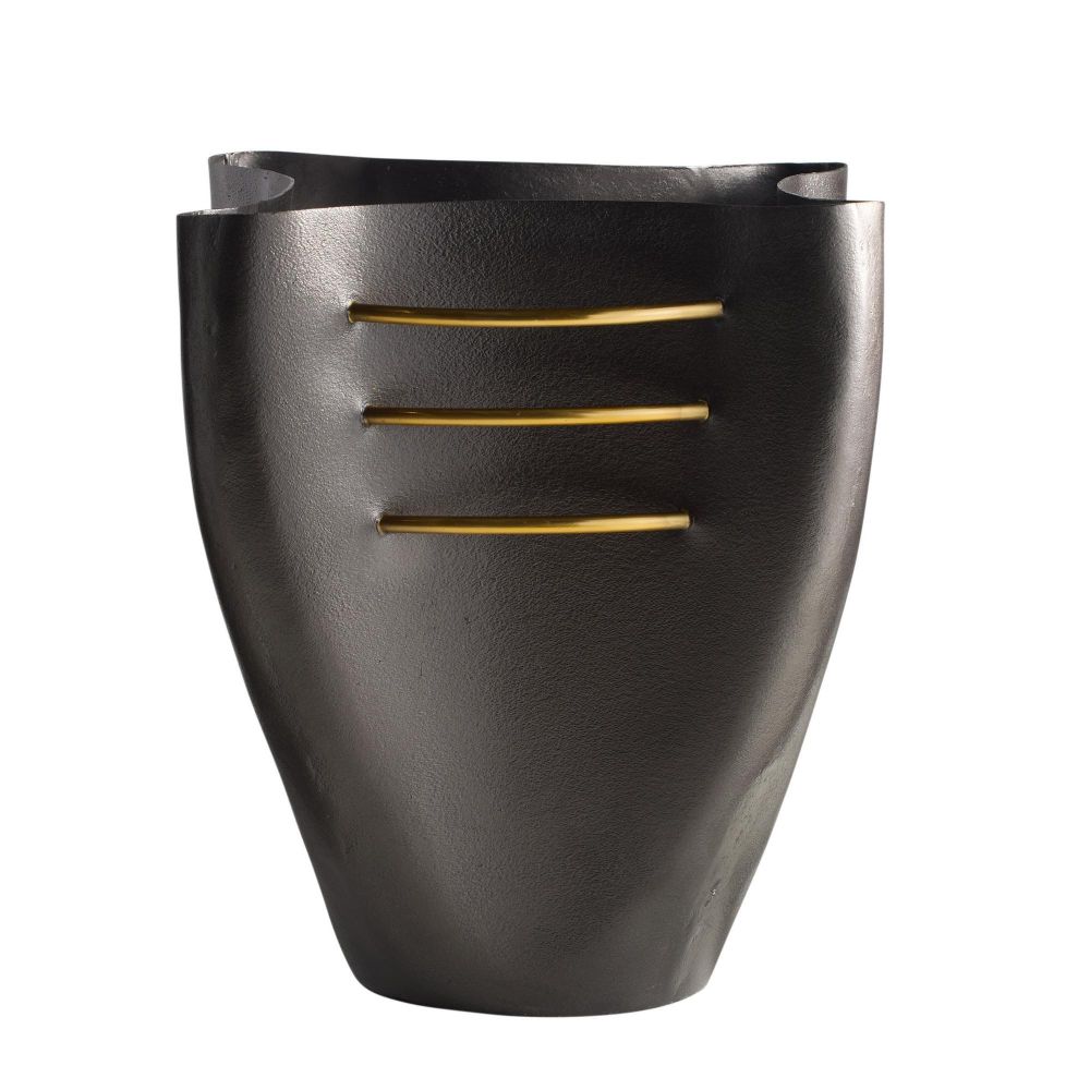 Black vase with gold accents on a white background