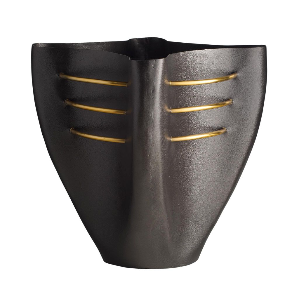 Black vase with gold accents on a white background