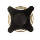 Black star-shaped object with a central circular component on a white background