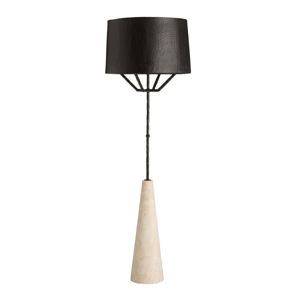 Pendant light with black lampshade and beige ceramic base on a white background