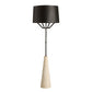 Floor lamp with black shade and beige base on a white background