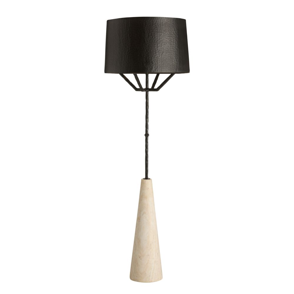 Floor lamp with black shade and beige base on a white background