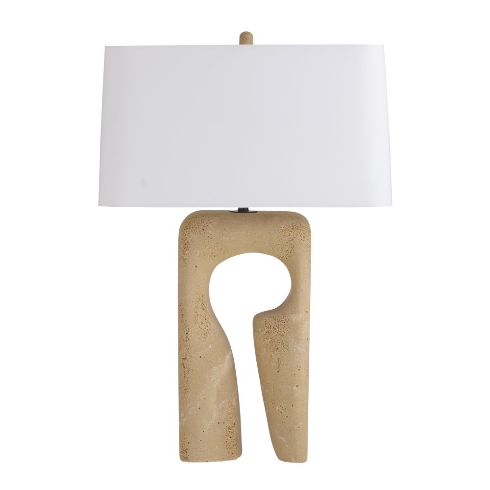 Table lamp with a beige base and white shade on a white background