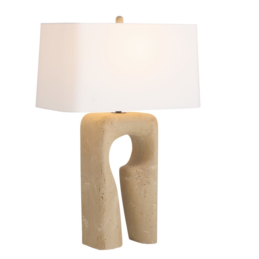 Table lamp with a beige stone base and white shade on a white background