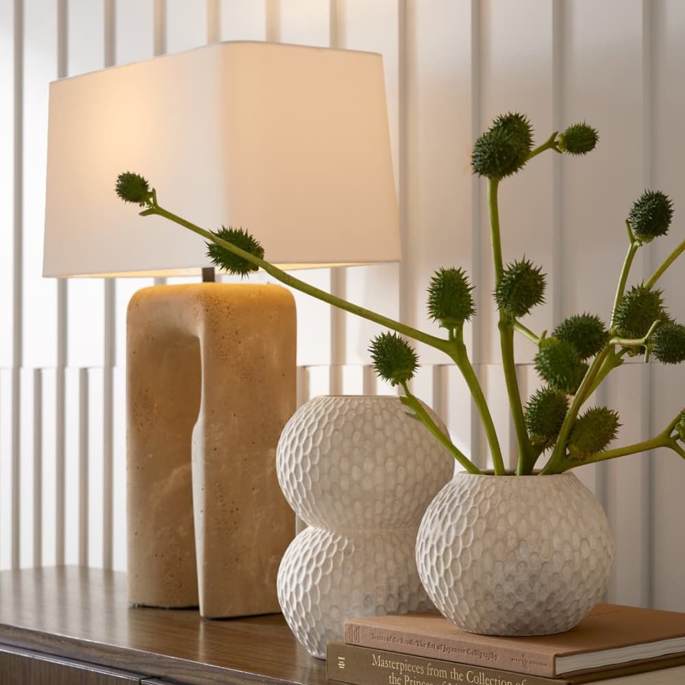 Decorative lamp and vases with plants on a surface