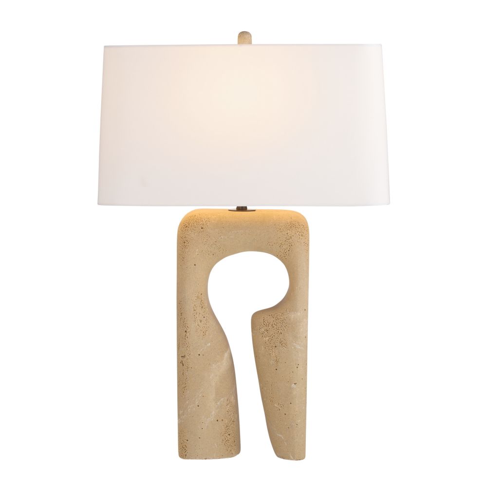 Table lamp with a beige stone-like base and white shade on a white background
