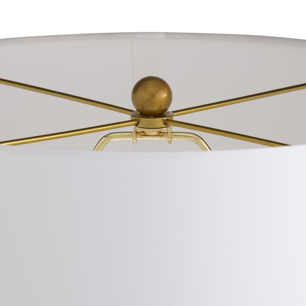 Close-up of a gold ceiling fan with a white light fixture on a white background