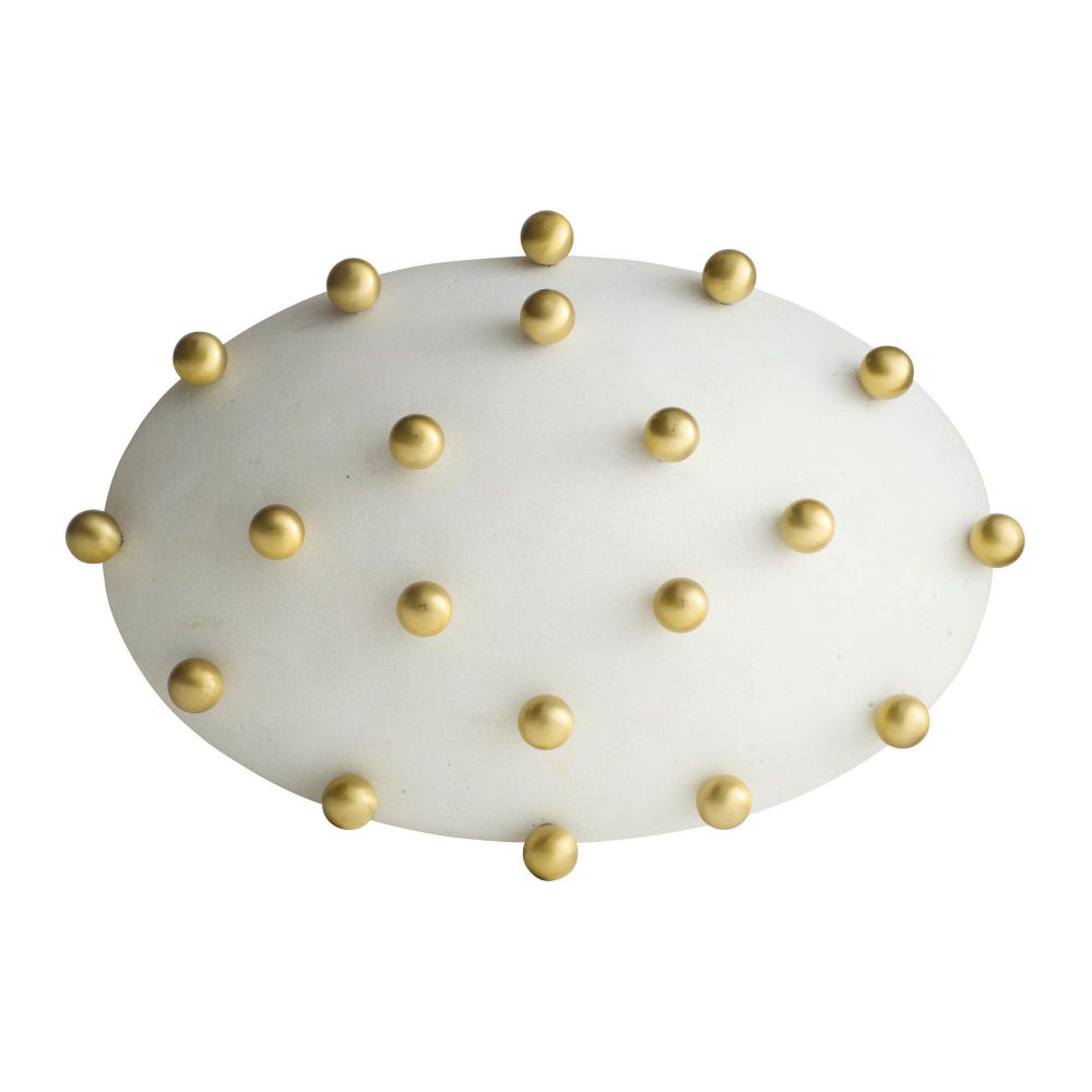 White oval object with gold spherical protrusions on a white background