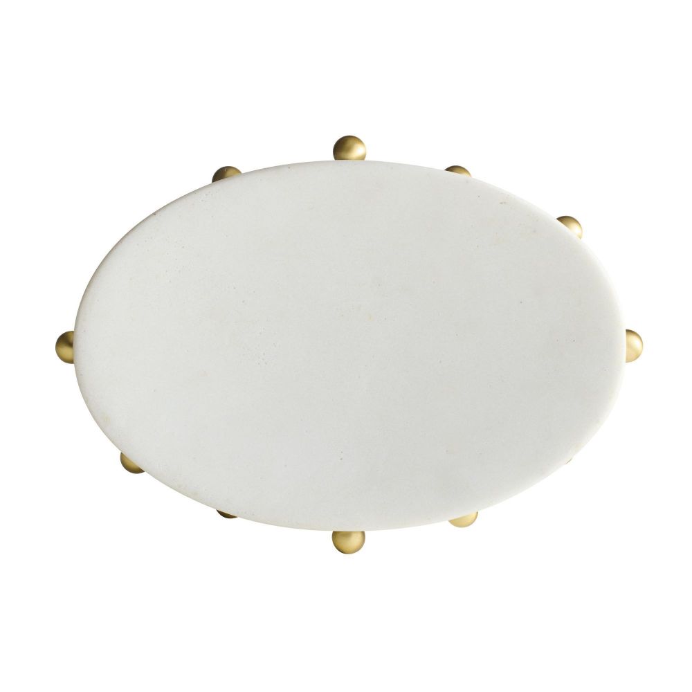 Round white light fixture with gold accents on a white background