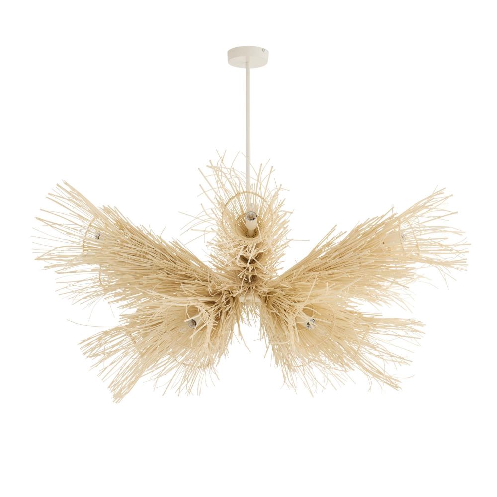 Decorative pendant light with natural fiber design on a white background