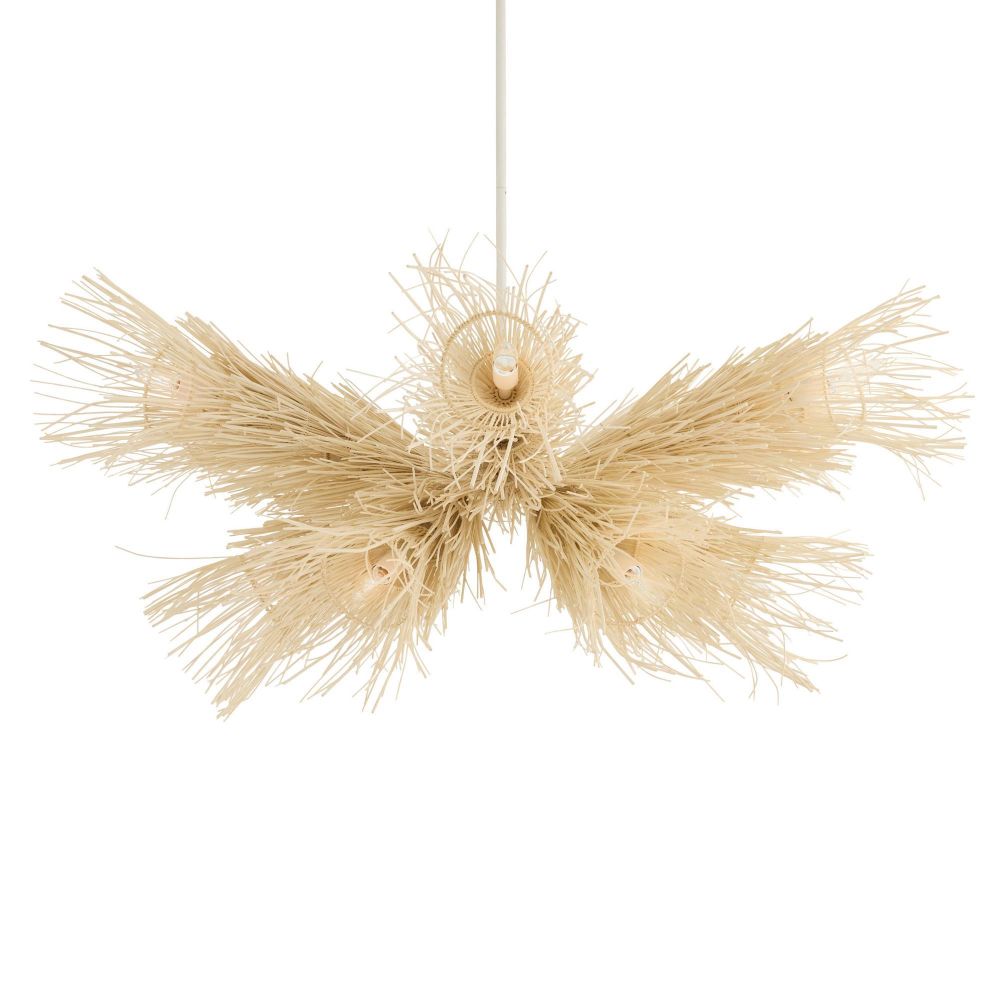 Decorative pendant light with natural straw-like material on a white background