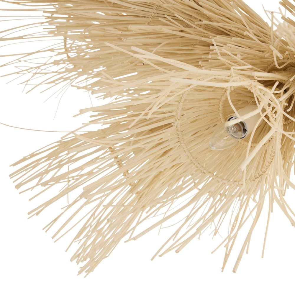 Close-up of a straw-like material with a clear light bulb inside on a white background