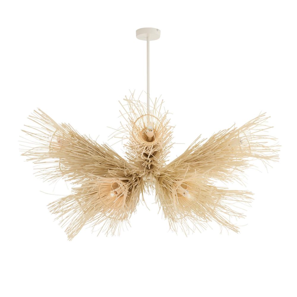 Decorative chandelier light with natural fiber design on a white background