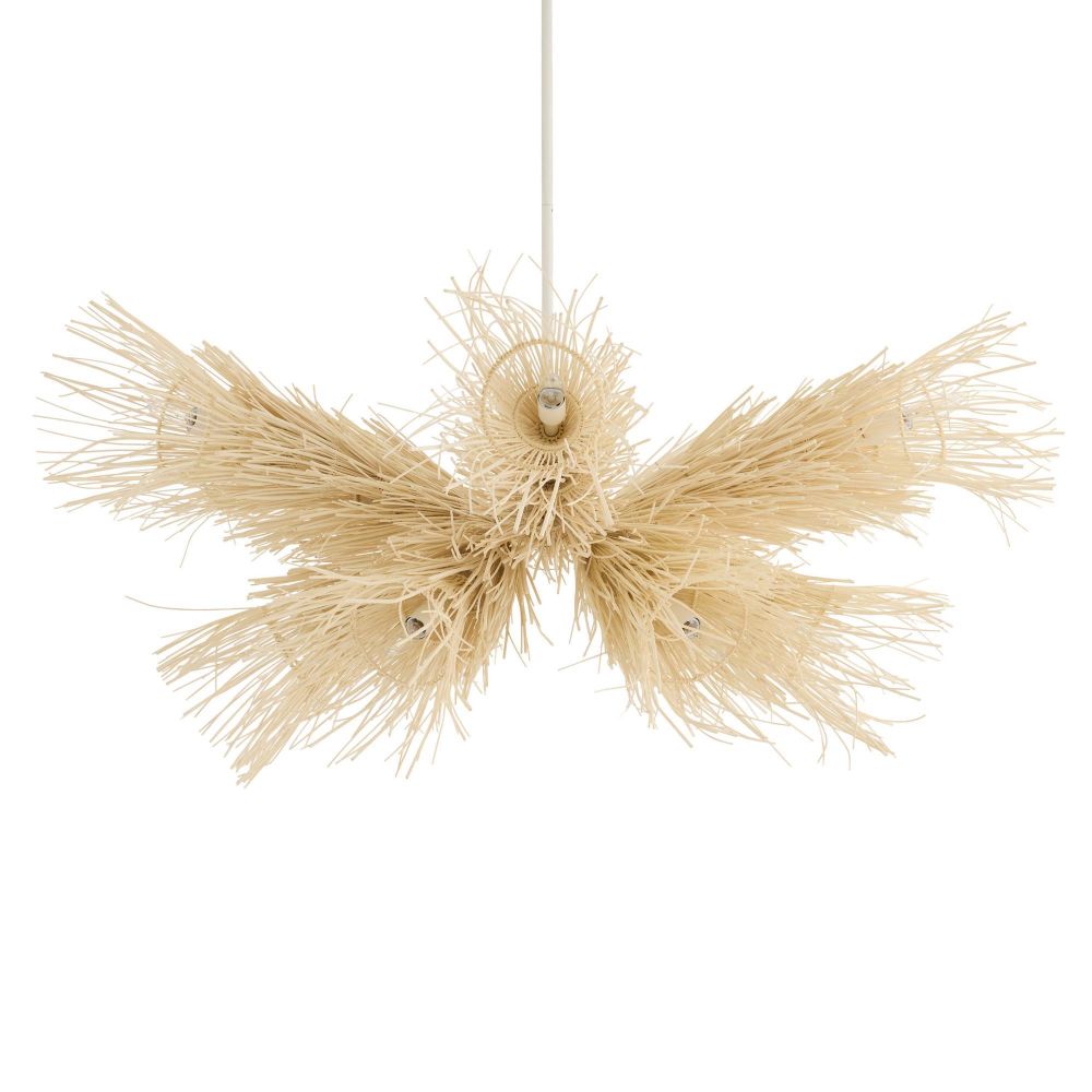 Decorative pendant light with natural straw-like material on a white background