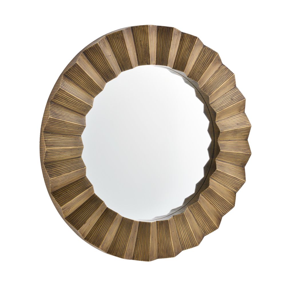 Round mirror with a decorative gold frame on a white background