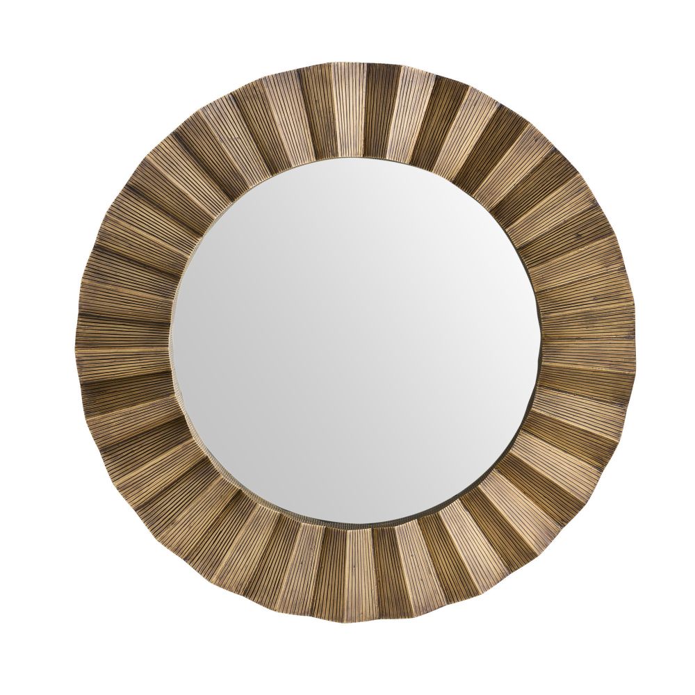 Round mirror with a wooden frame on a white background