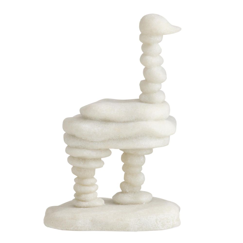 White marble sculpture with stacked cylindrical shapes on a white background