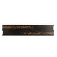 Dark wooden shelf with decorative patterns on a white background
